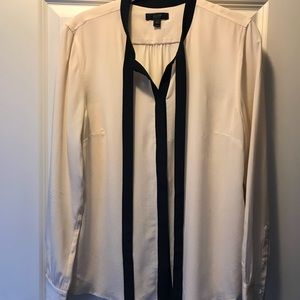100% Silk Ivory Blouse with Black Bow tie J. Crew